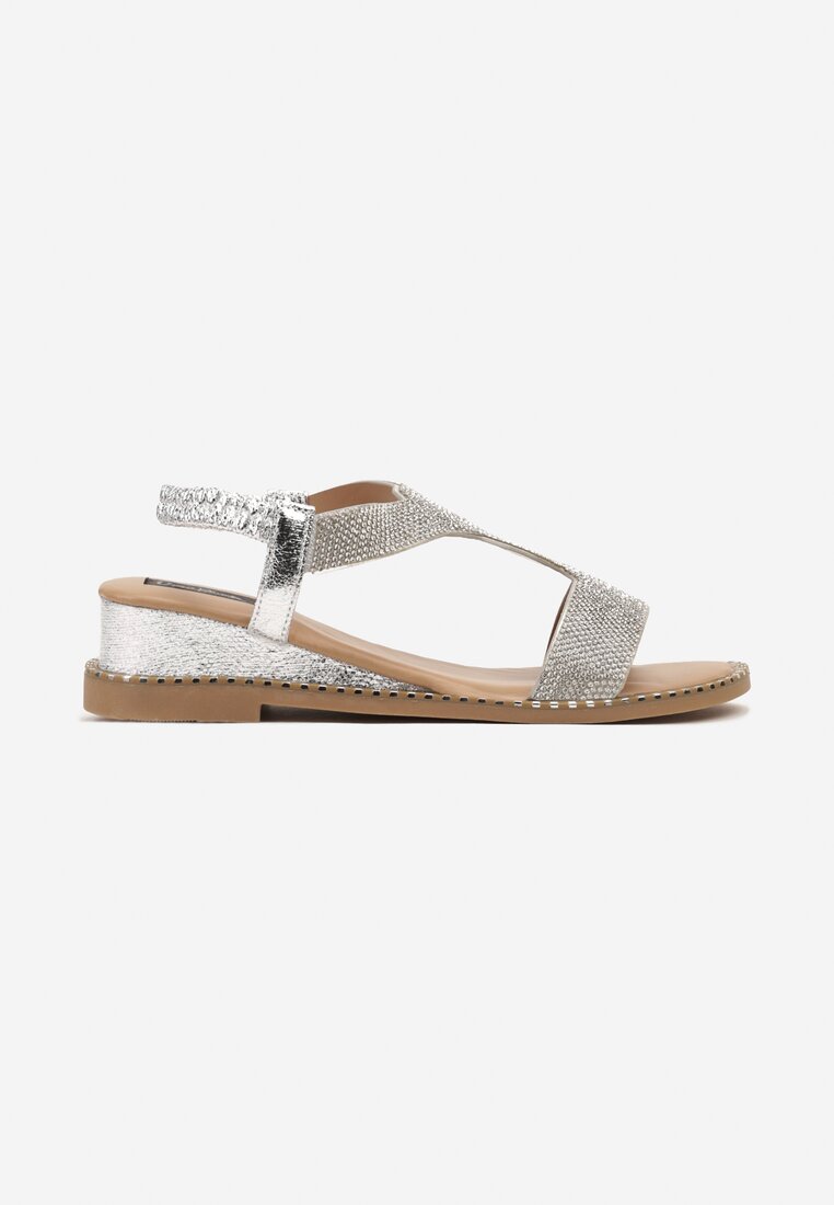 Sandale Argintii Stil Boho pe Platformă de Plută cu Pietre Zanawa