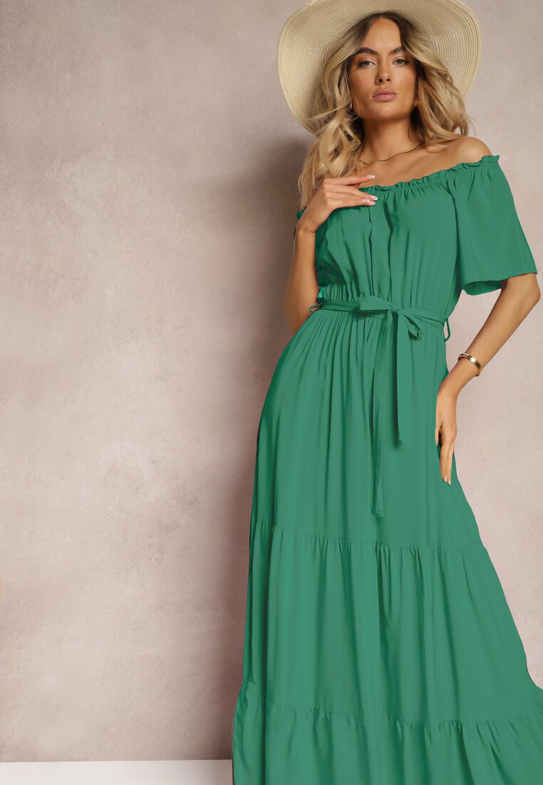 Zielona Hiszpanka Sukienka z Gumką w Talii i Materiałowym Paskiem Tiamanda