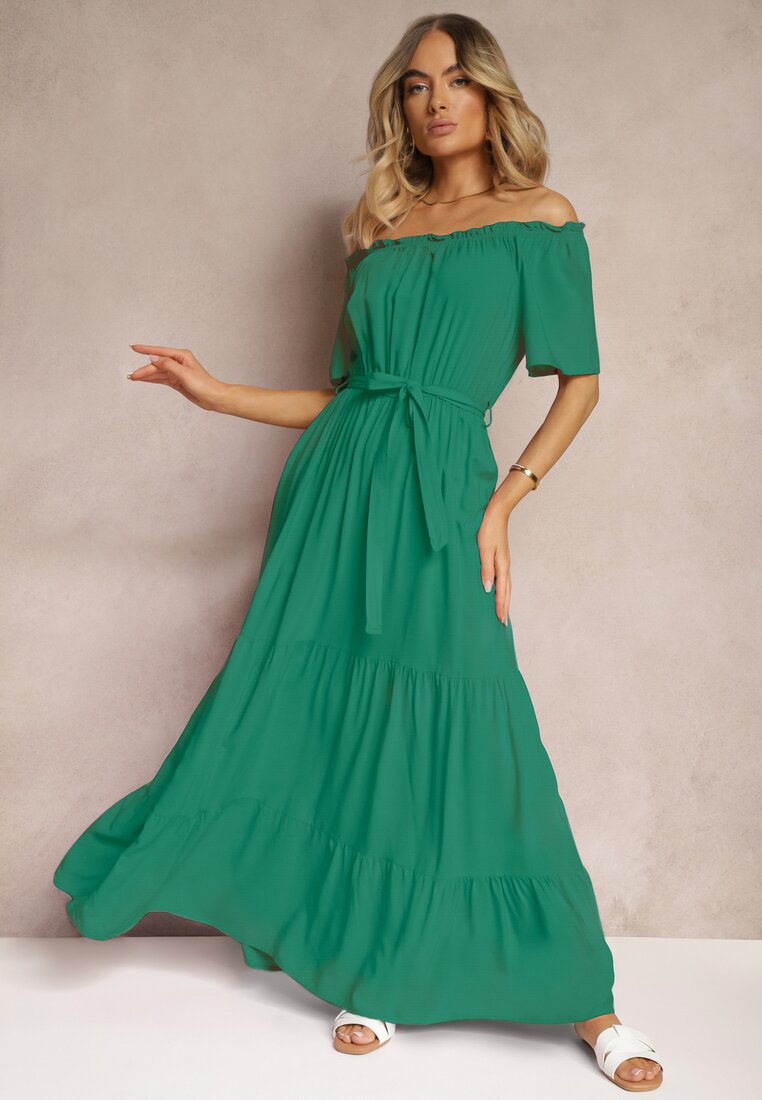 Zielona Hiszpanka Sukienka z Gumką w Talii i Materiałowym Paskiem Tiamanda