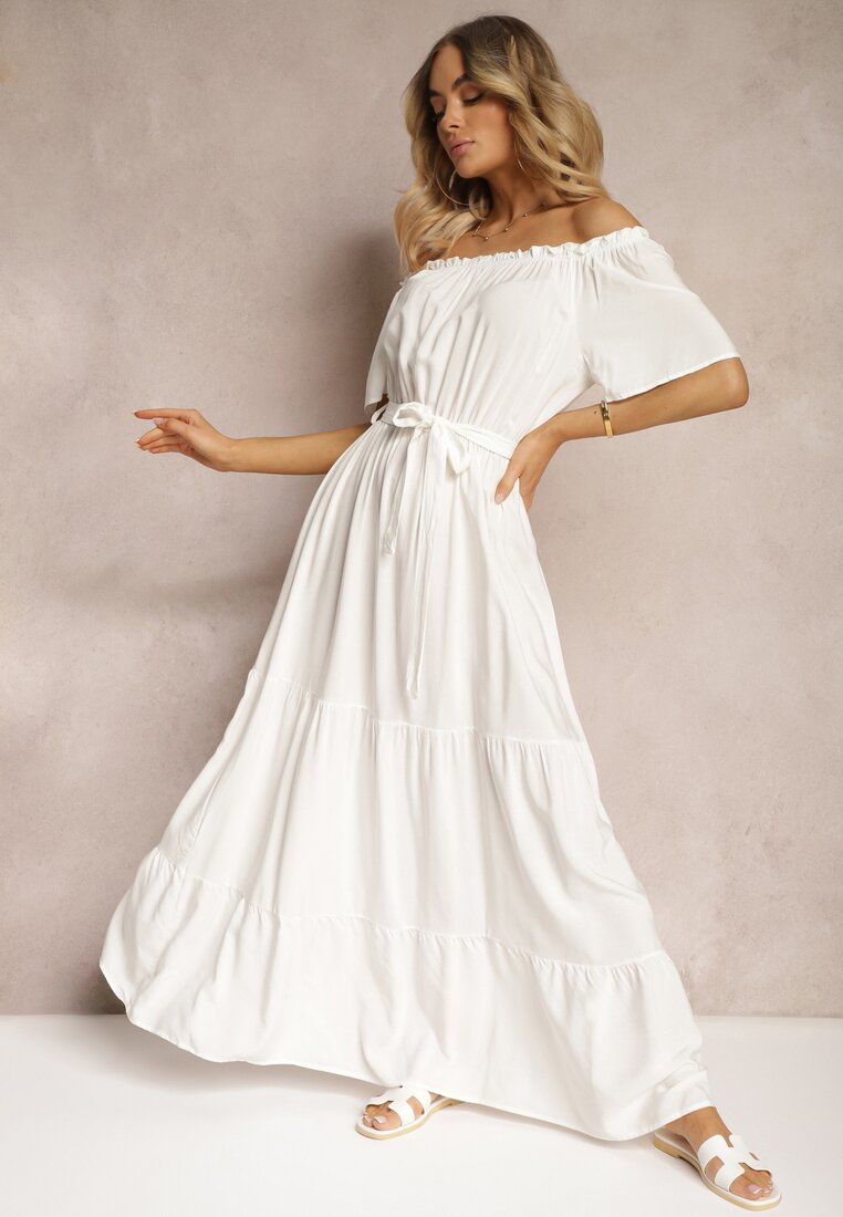 Biała Hiszpanka Sukienka z Gumką w Talii i Materiałowym Paskiem Tiamanda