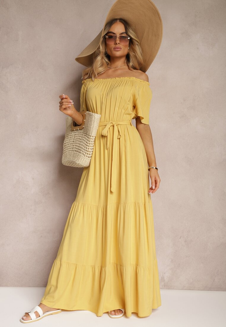 Żółta Hiszpanka Sukienka z Gumką w Talii i Materiałowym Paskiem Tiamanda