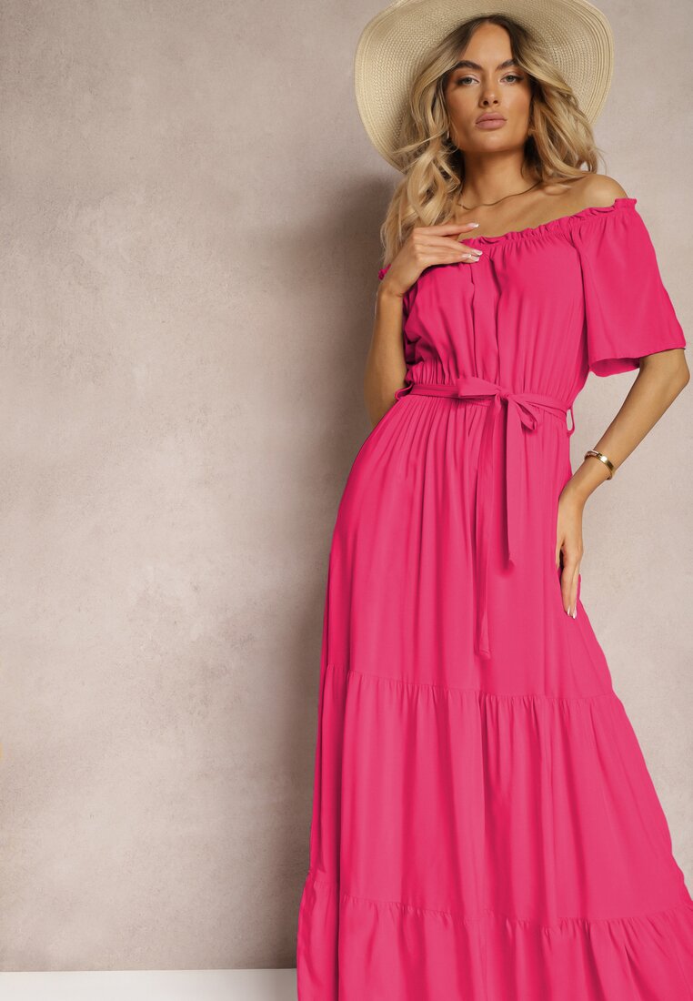 Rochie Fucsia Spaniolă cu Elastic în Talie și Curea din Material Tiamanda