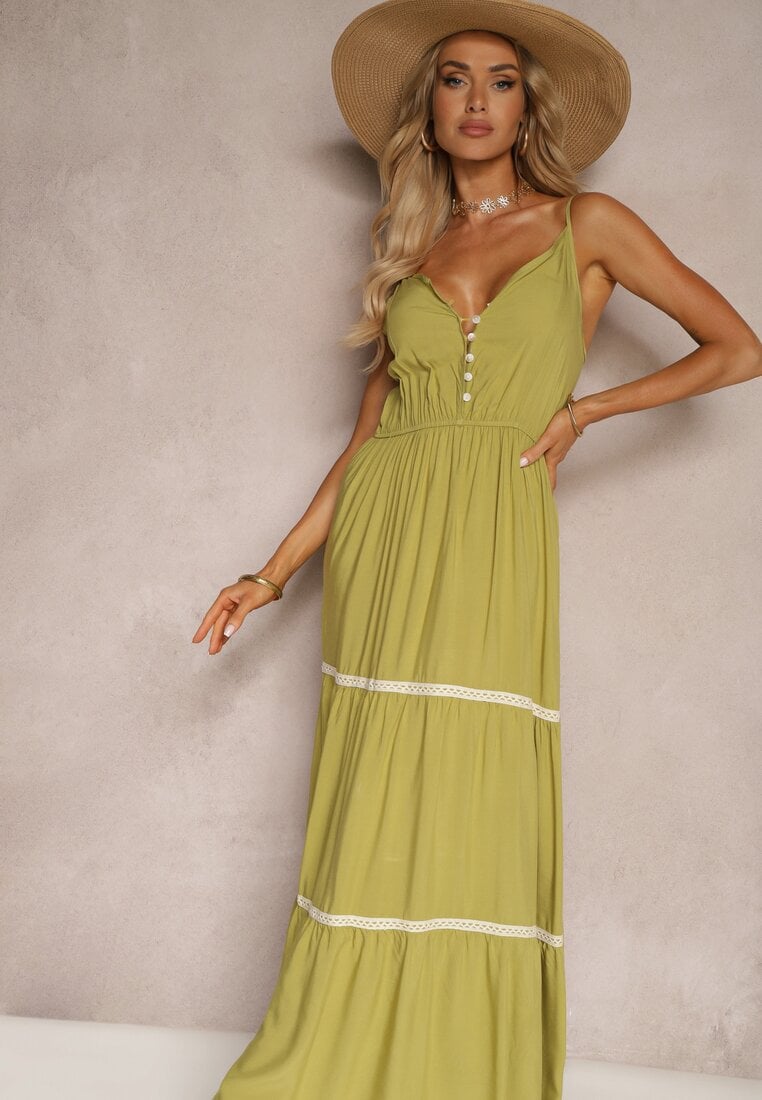 Rochie Verde Deschis Cu Nasturi Pe Bretele Cu Elastic In Talie Si Volan Tiamalia
