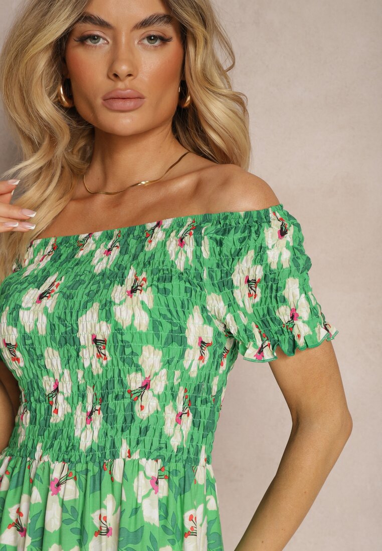 Rochie Verde Clos Spaniegola cu Elastic in Talie cu Flori Nametris