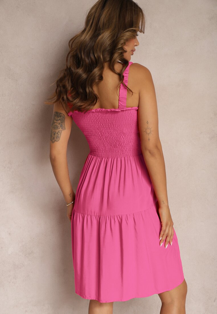 Rochie Fucsia pe Bretele cu Volan și Elastic în Talie Tiamare