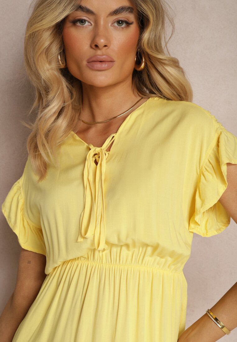 Rochie Galbenă cu Fundă din Material cu Elastic în Talie și Volan Tiamari