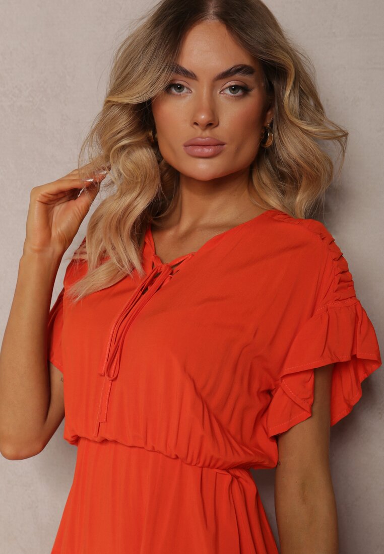 Rochie Portocalie cu Cureau Material si Elastic in Talie si Volan Tiamari