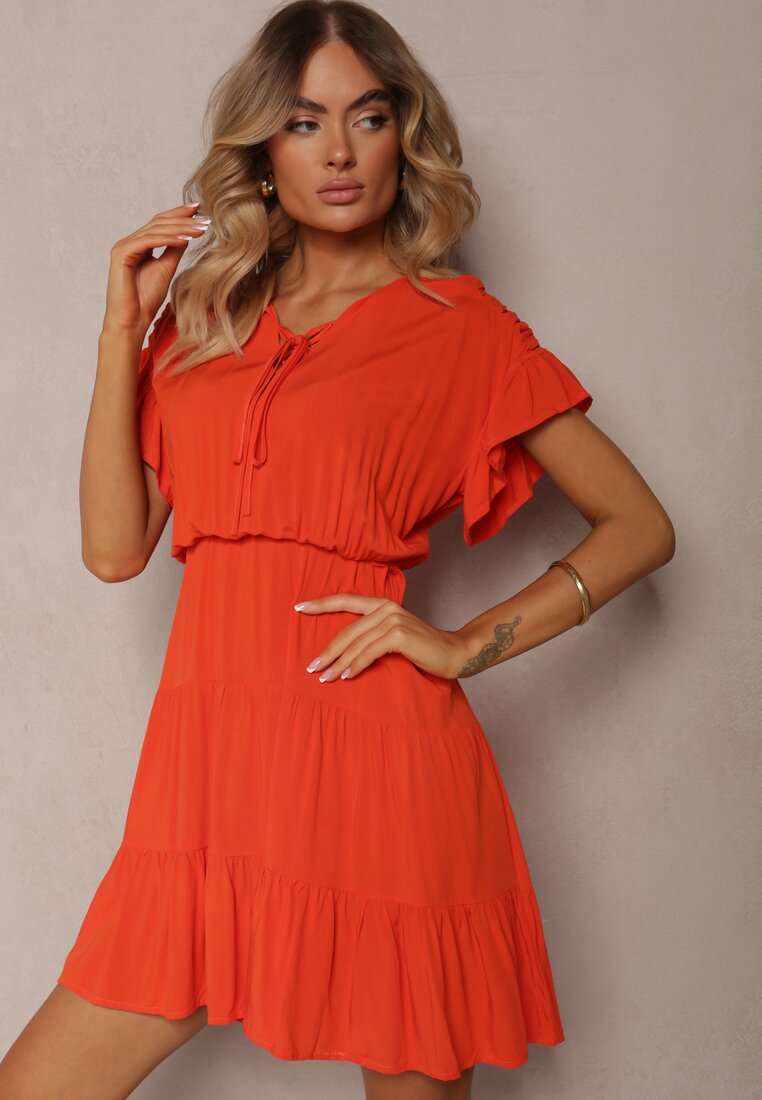 Rochie Portocalie cu Cureau Material si Elastic in Talie si Volan Tiamari