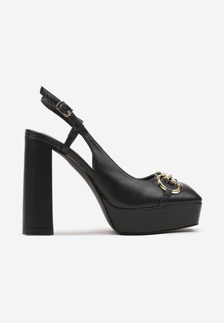 Sandale Negre Slingback cu Platformă și Toc Bloc Împodobite cu Cataramă Teslin