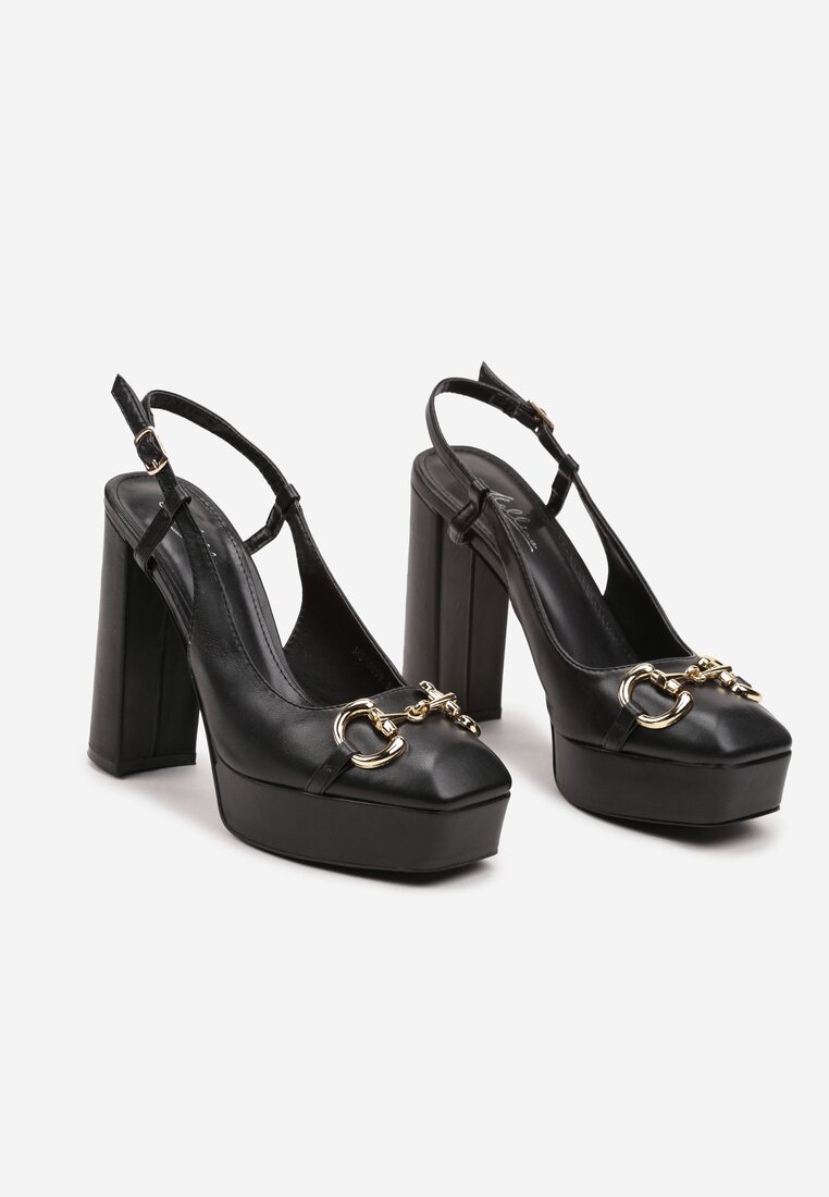 Sandale Negre Slingback cu Platformă și Toc Bloc Împodobite cu Cataramă Teslin