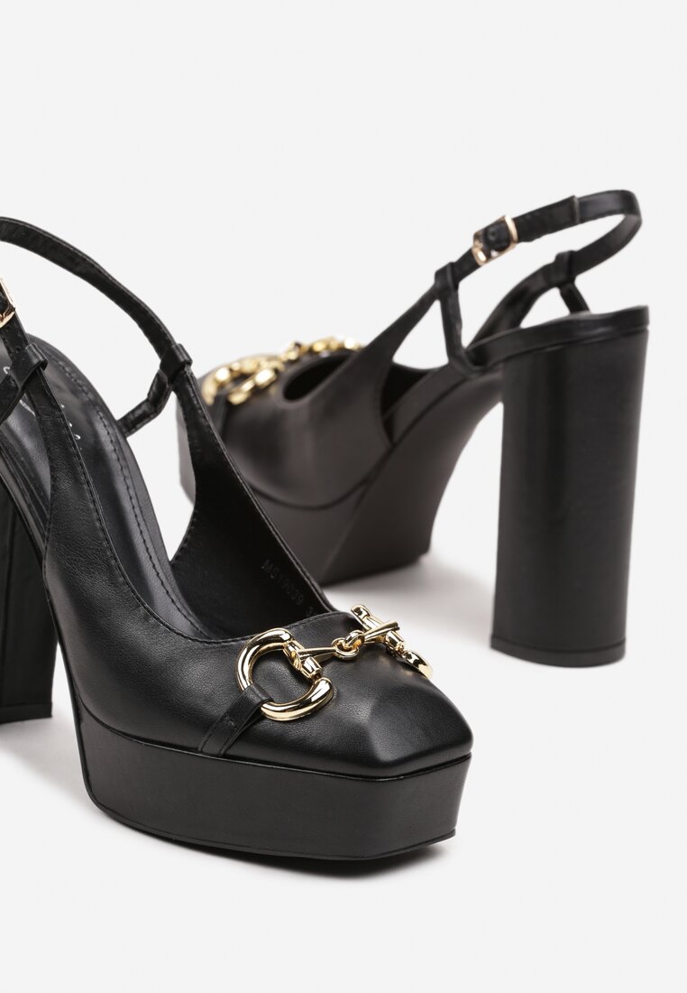 Sandale Negre Slingback cu Platformă și Toc Bloc Împodobite cu Cataramă Teslin