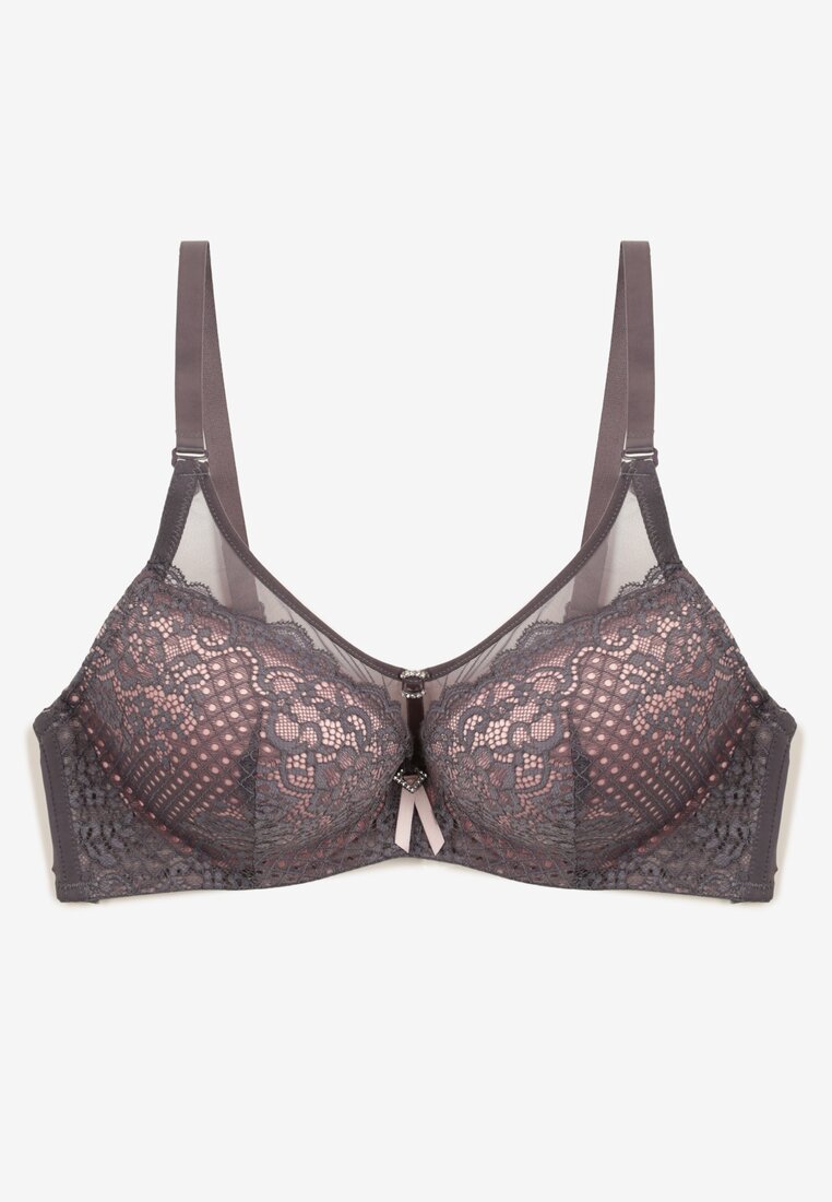 Sutien push-up gri-roz cu dantelă decorat cu aplicație metalică Arissta
