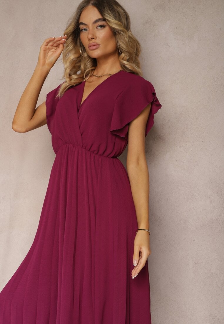 Rochie bordo cu decolteu triunghiular cu elastic în talie cu croi plisat Doetta