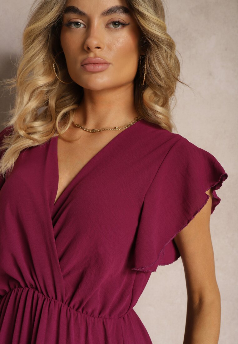 Rochie bordo cu decolteu triunghiular cu elastic în talie cu croi plisat Doetta