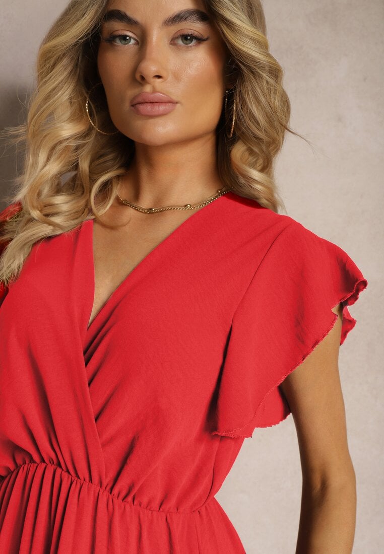 Rochie Roșie cu Decolteu Triunghiular cu Elastic în Talie cu Croi Pliat Doetta