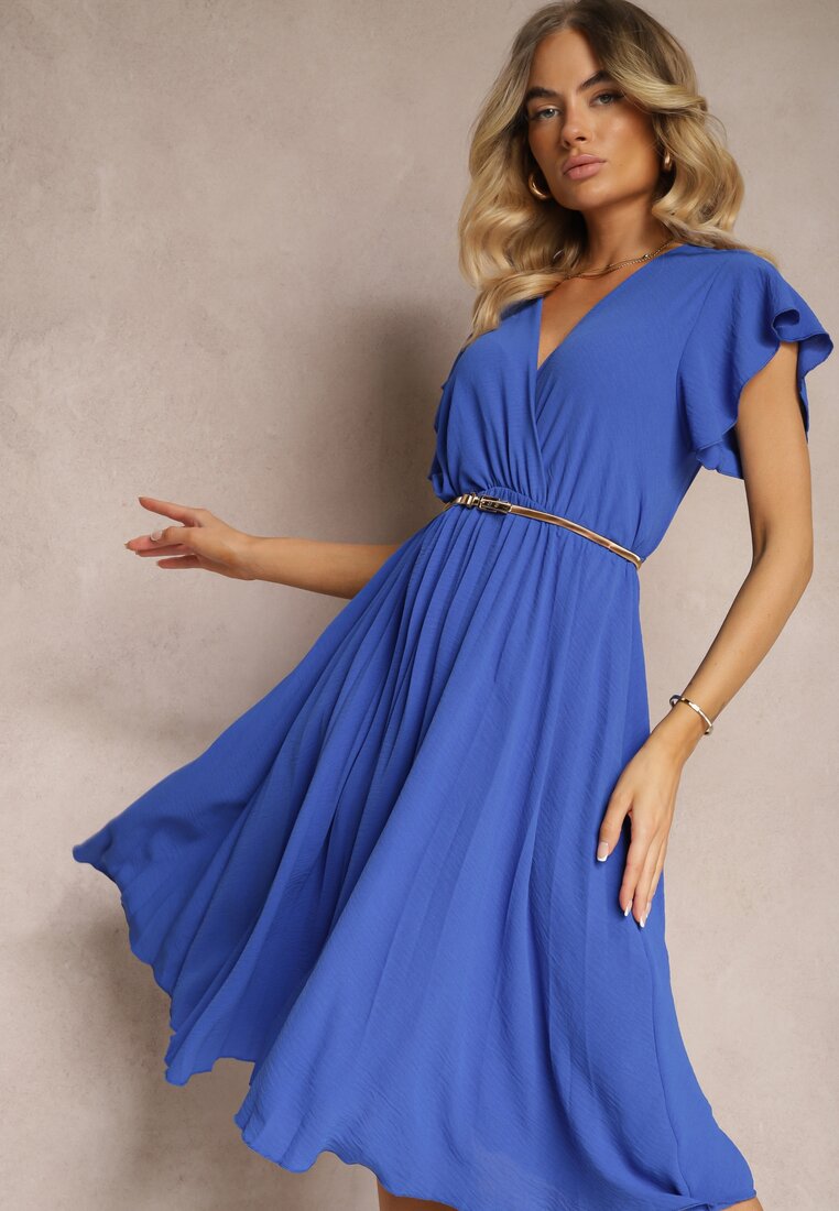 Rochie bleumarin cu decolteu triunghiular cu elastic în talie cu croi plisat Doetta