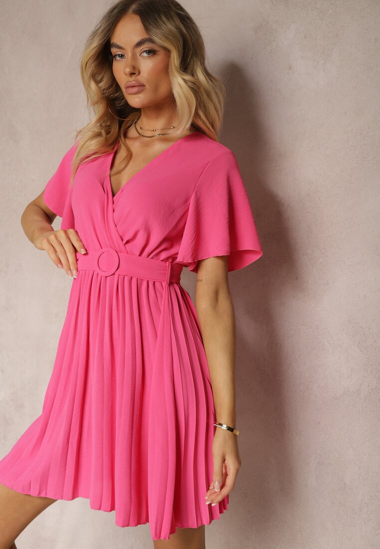 Rochie Fucsia Pliată cu Curea și Decolteu Tip Petrecere Azaleea