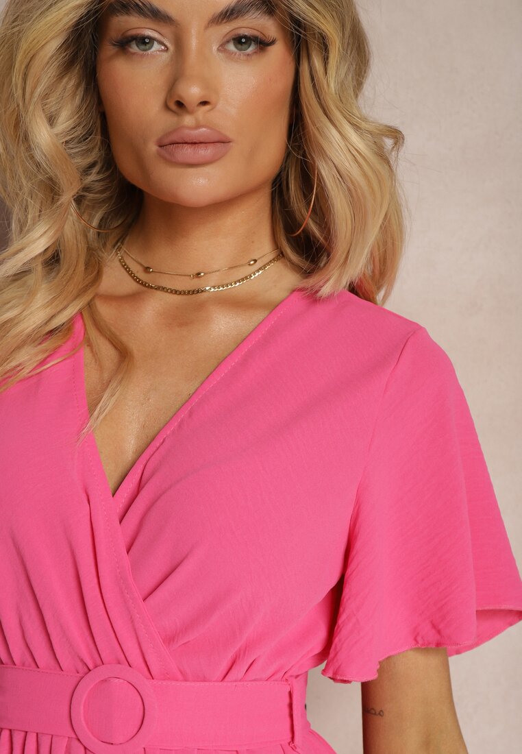 Rochie Fucsia Pliată cu Curea și Decolteu Tip Petrecere Azaleea