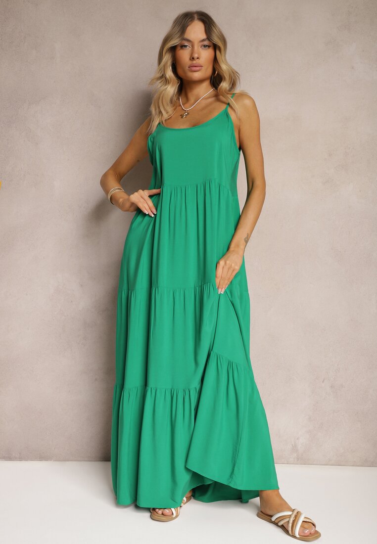 Rochie maxi verde închis din viscoză cu bretele Avaja