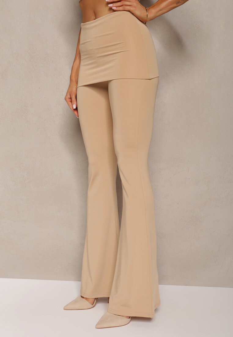 Beżowe Elastyczne Spodnie o Kroju Dzwonów High Waist z Modelującego Materiału Ivolea