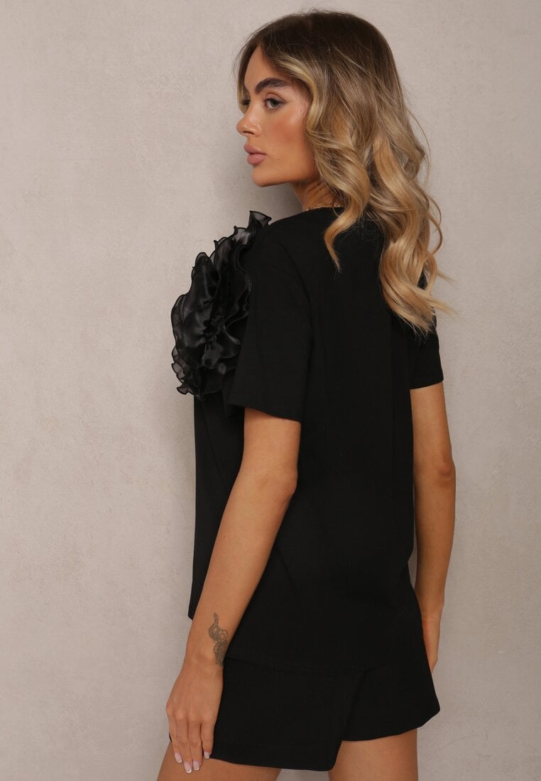 Tricou Negru din B bumbac cu M mânecă S scurtă și Floare Decorativă Krissas