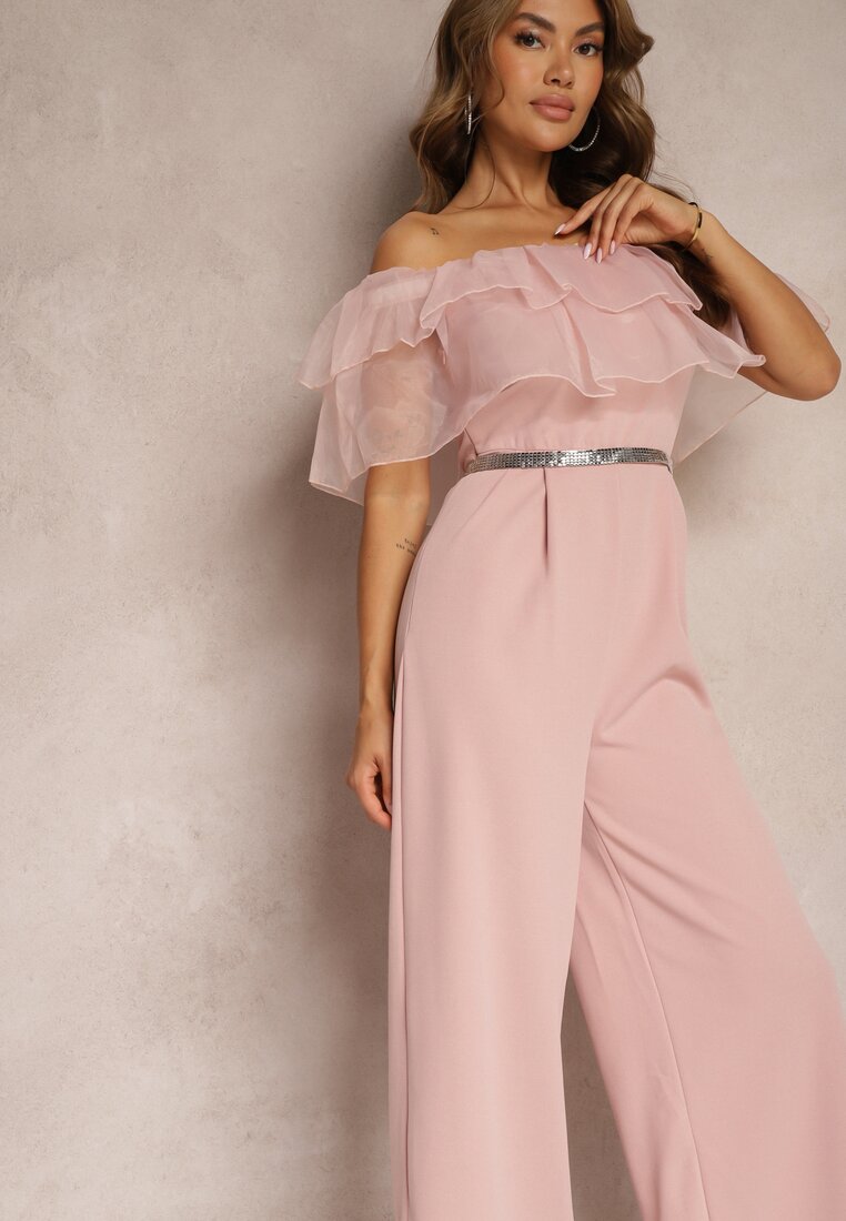 Rochie-Salopetă Cocktail Roz-Închis cu Volan la Decolteu fără Mâneci Tessita
