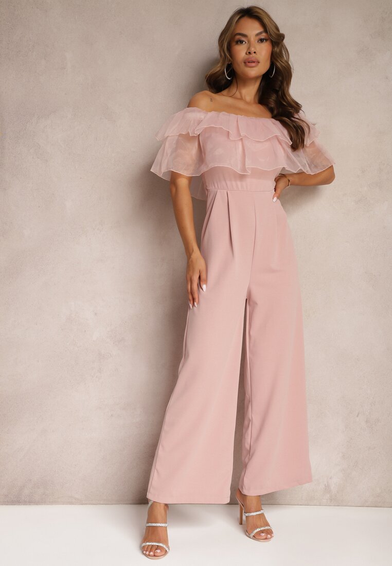 Rochie-Salopetă Cocktail Roz-Închis cu Volan la Decolteu fără Mâneci Tessita