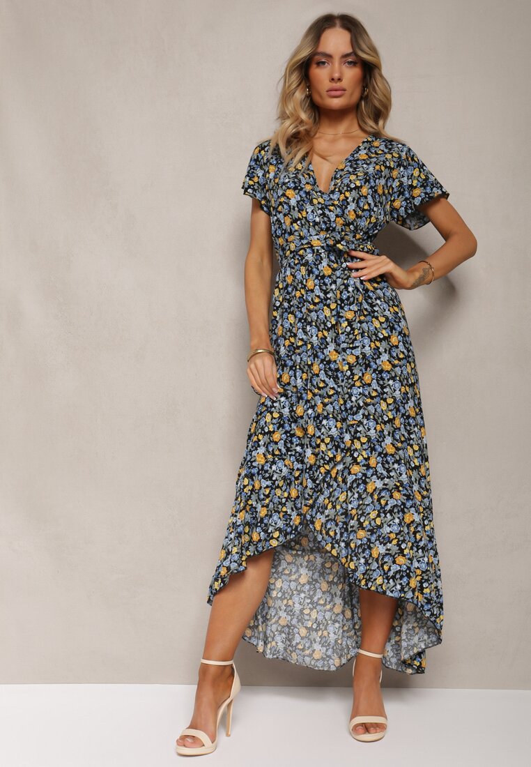 Rochie înveleopată din bumbac cu print floral Risalline în nuanțe de grenadă și galben cu cordon în talie