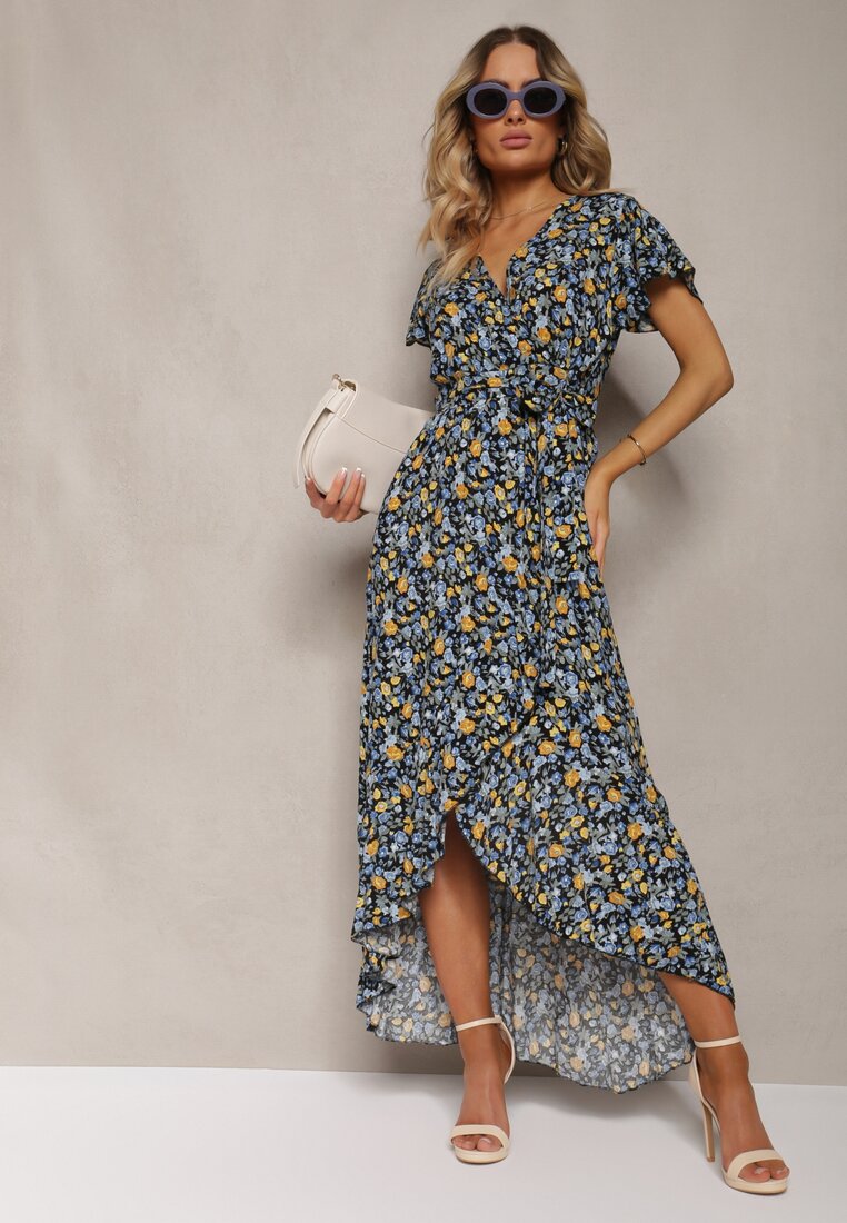 Rochie înveleopată din bumbac cu print floral Risalline în nuanțe de grenadă și galben cu cordon în talie