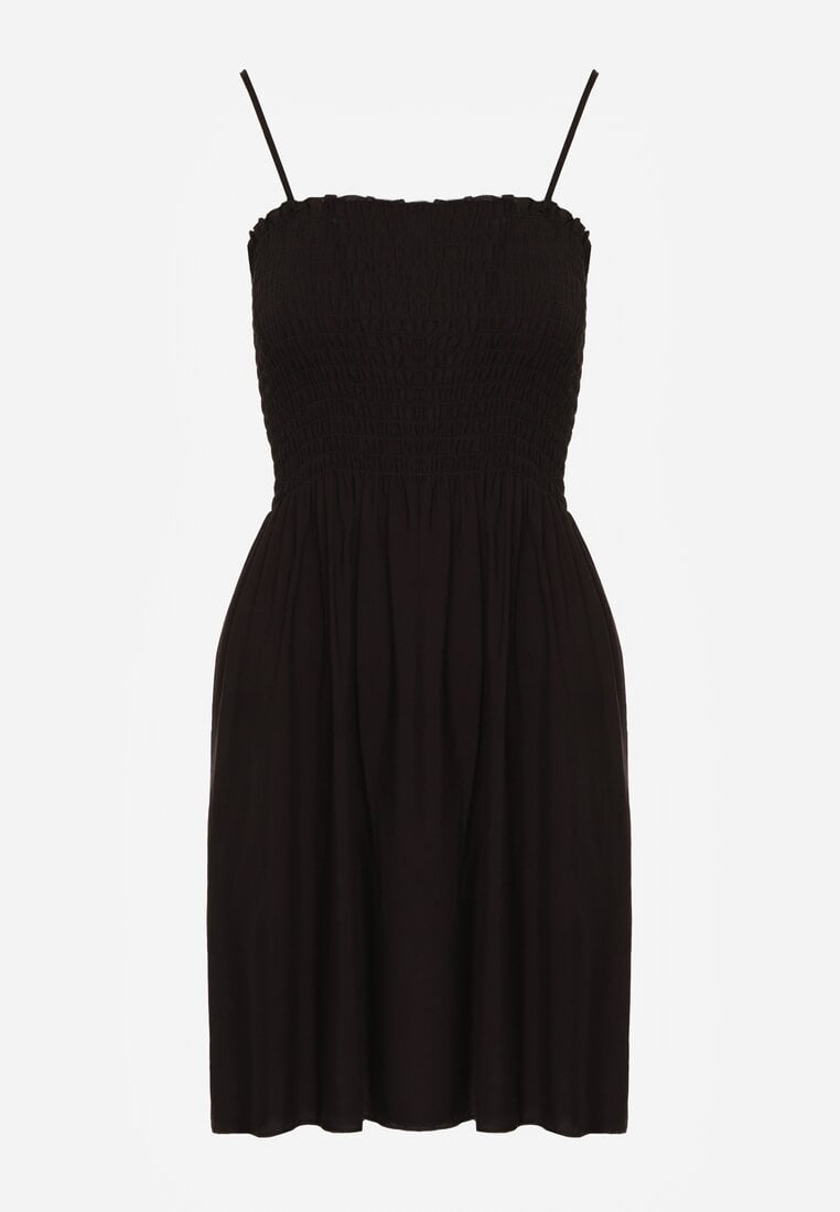 Rochie Neagră din Bumbac pe Bretele cu Croi în Cloș cu Partea de Sus Plisată Christten