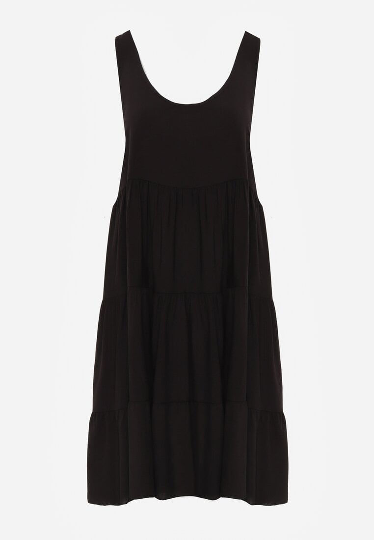 Rochie Neagră din Bumbac cu Croi Cloș și Volane Tessah