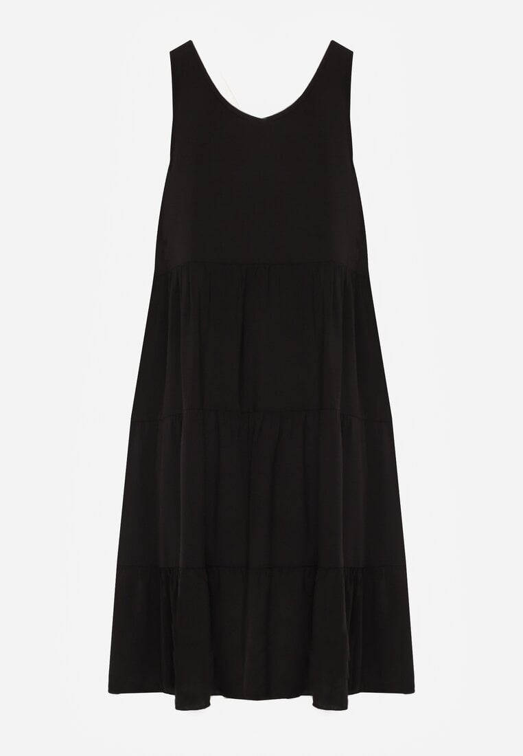 Rochie Neagră din Bumbac cu Croi Cloș și Volane Tessah