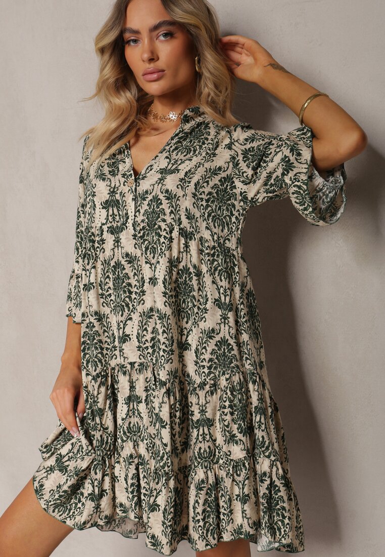 Rochie verde din bumbac cu croi evazat cu volan Niloa