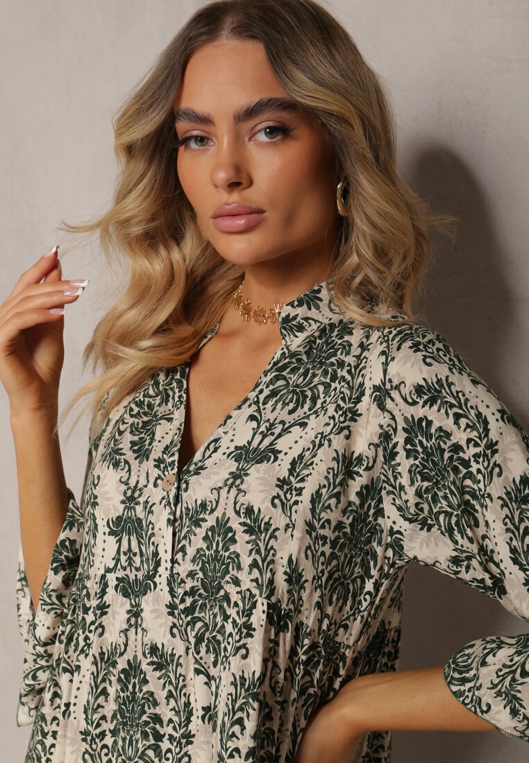 Rochie verde din bumbac cu croi evazat cu volan Niloa
