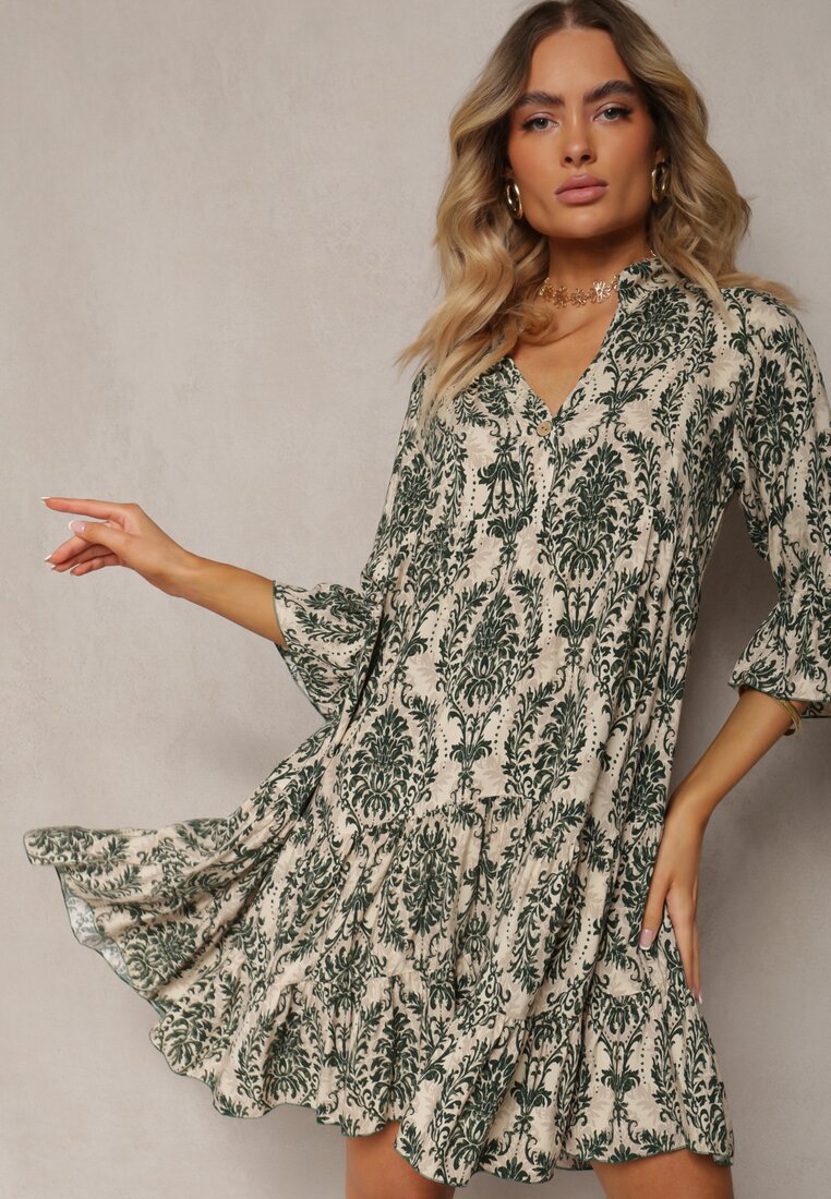 Rochie verde din bumbac cu croi evazat cu volan Niloa