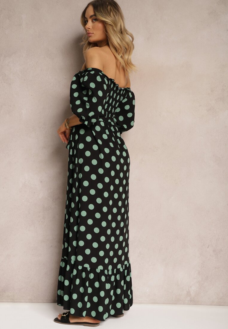 Rochie din Bumbac Neagră-Verde cu Decolteu Încretat și Curea din Material Tesaya