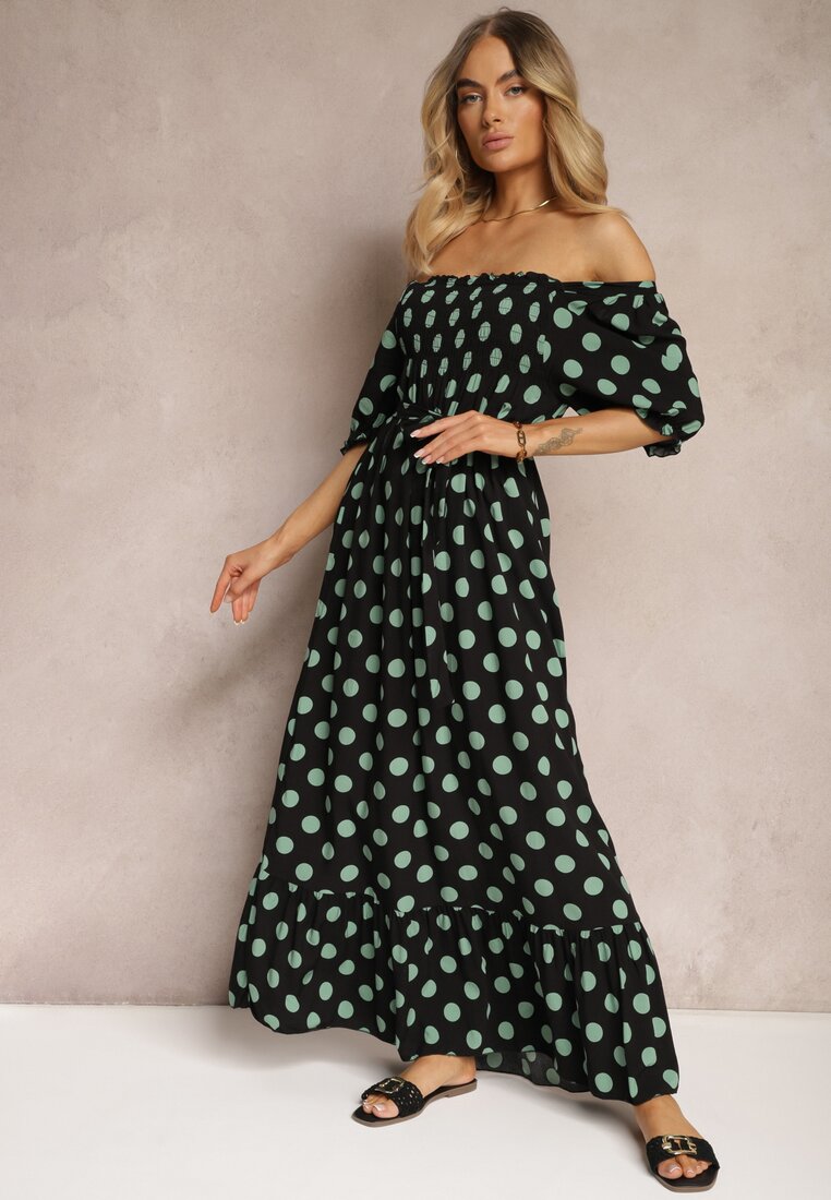 Rochie din Bumbac Neagră-Verde cu Decolteu Încretat și Curea din Material Tesaya