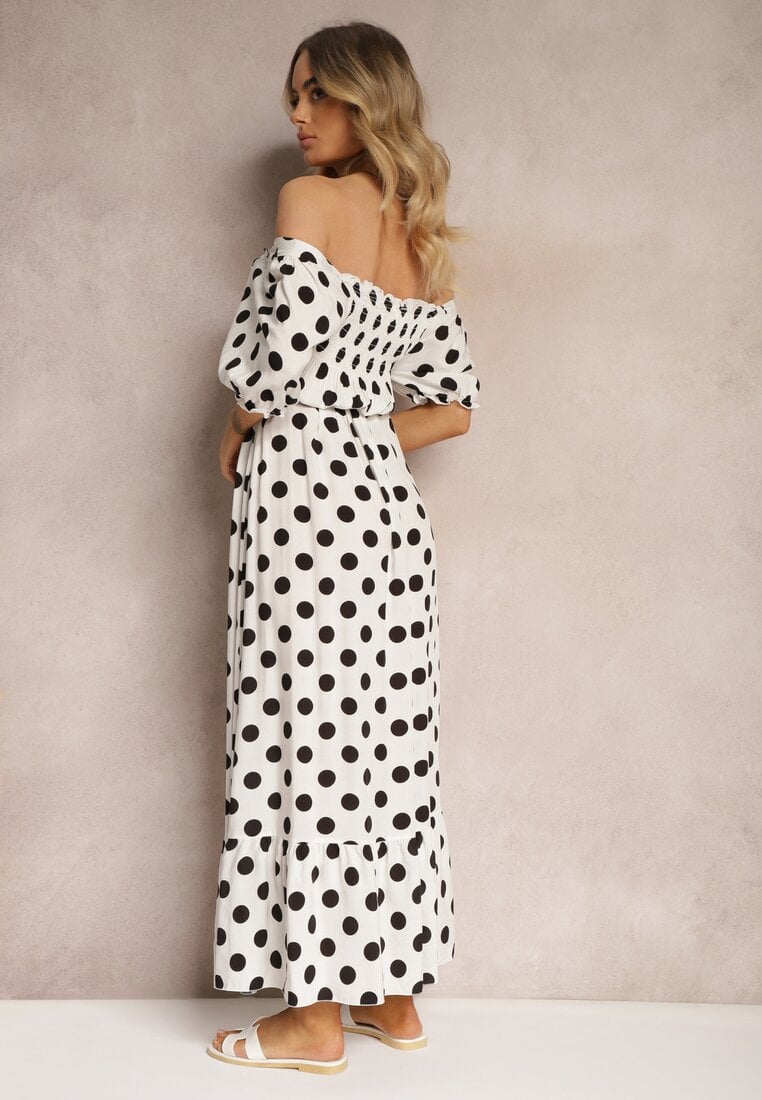 Biało-Czarna Bawełniana Sukienka z Marszczonym Dekoltem i Materiałowym Paskiem Tesaya