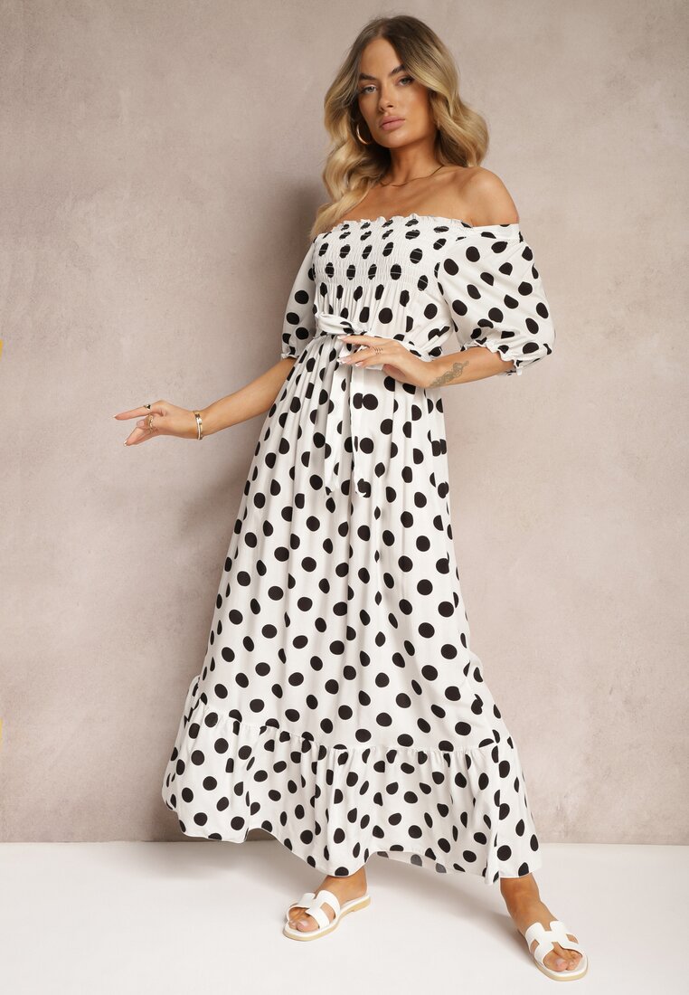 Biało-Czarna Bawełniana Sukienka z Marszczonym Dekoltem i Materiałowym Paskiem Tesaya