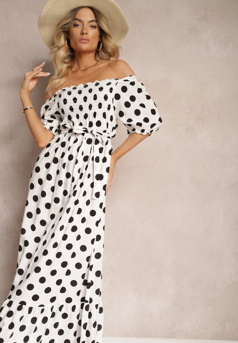 Biało-Czarna Bawełniana Sukienka z Marszczonym Dekoltem i Materiałowym Paskiem Tesaya