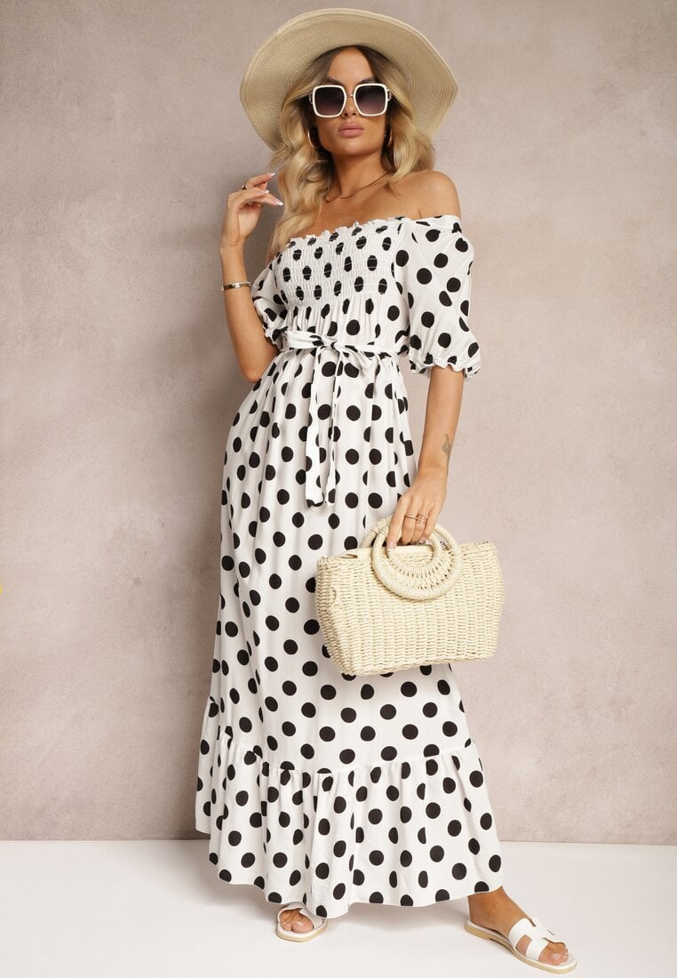 Biało-Czarna Bawełniana Sukienka z Marszczonym Dekoltem i Materiałowym Paskiem Tesaya