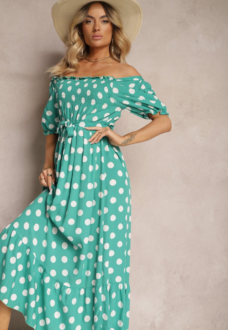 Rochie Verde din Bumbac cu Decolteu Cutat și Curea din Material Tesaya