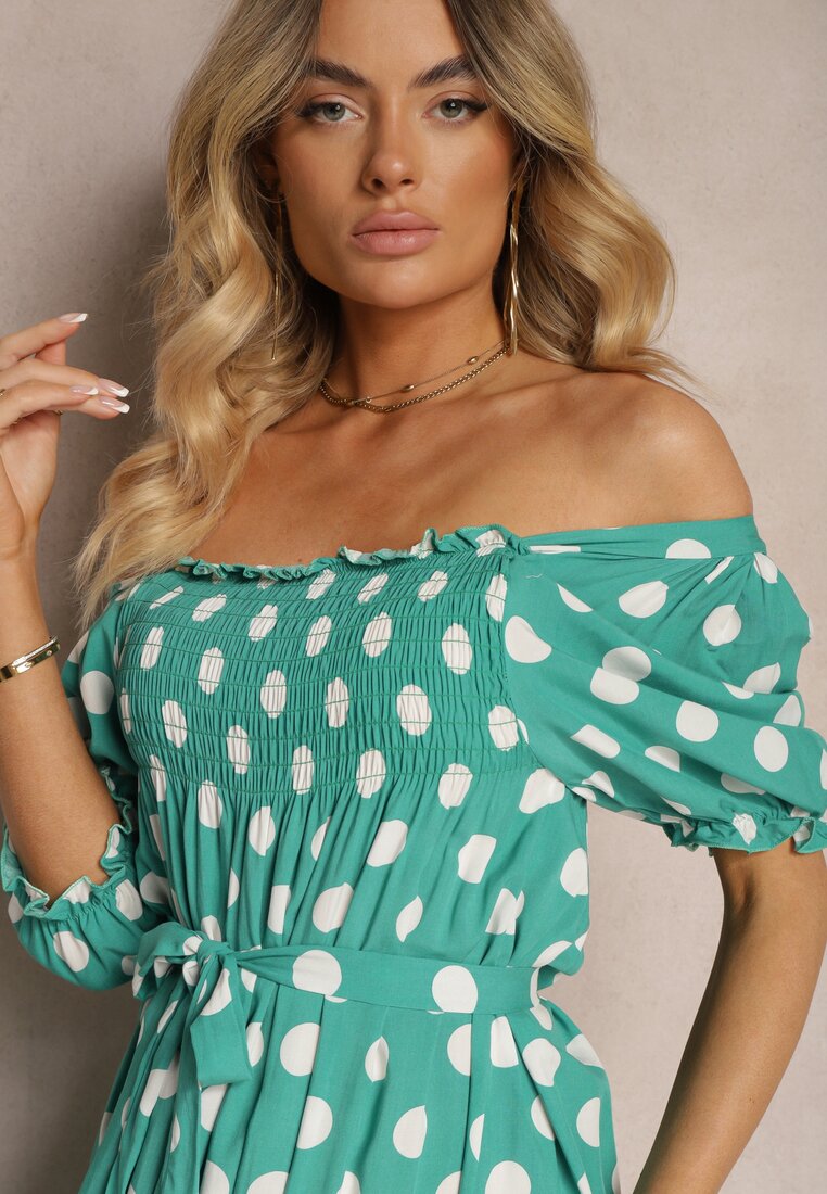 Rochie Verde din Bumbac cu Decolteu Cutat și Curea din Material Tesaya