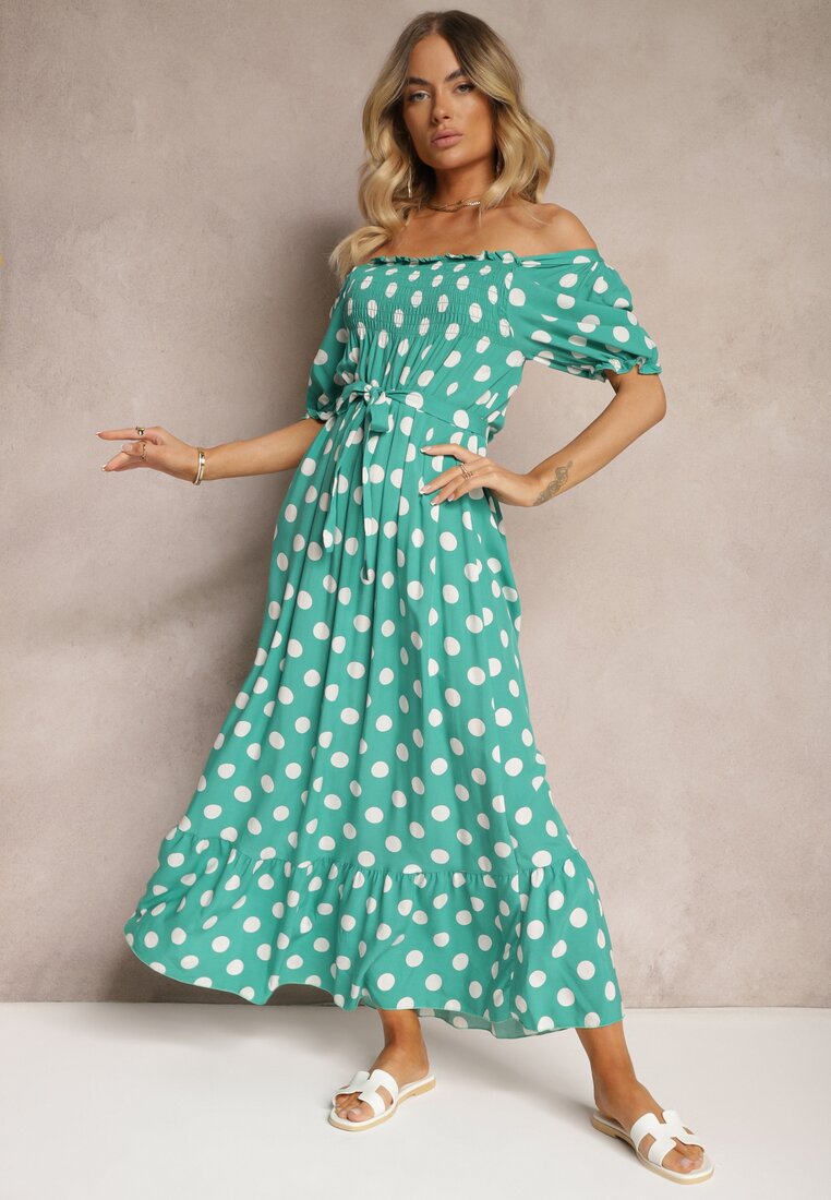 Rochie Verde din Bumbac cu Decolteu Cutat și Curea din Material Tesaya