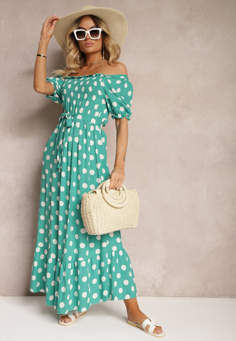 Rochie Verde din Bumbac cu Decolteu Cutat și Curea din Material Tesaya