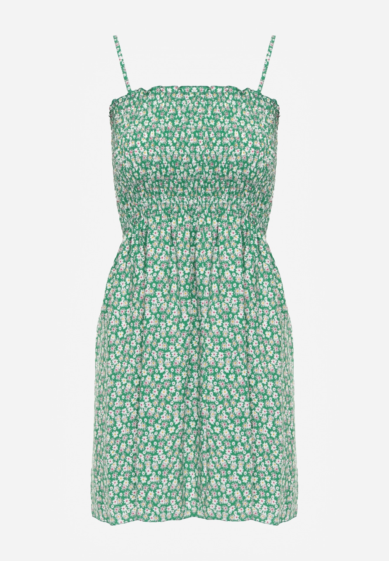 Rochie verde din bumbac cu bretele cu evazată și partea de sus încrețită Risetto