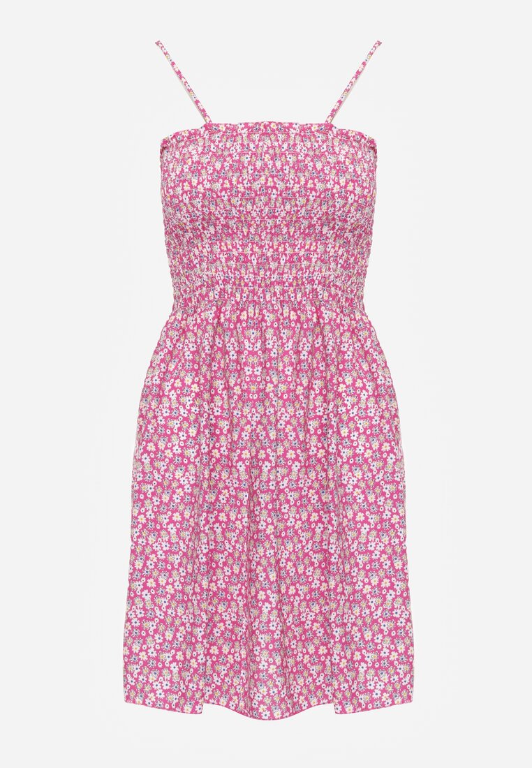 Fuksjowa Sukienka z Bawełny na Ramiączkach z Rozkloszowaniem i Marszczoną Górą Risetto