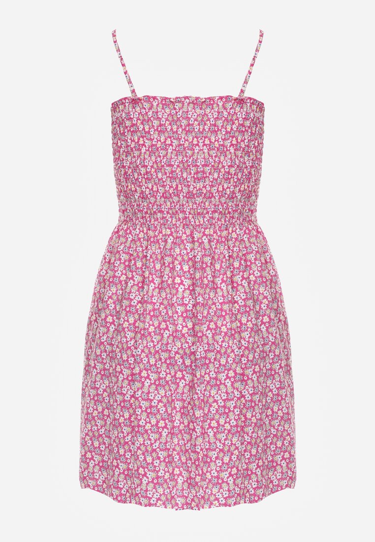 Fuksjowa Sukienka z Bawełny na Ramiączkach z Rozkloszowaniem i Marszczoną Górą Risetto