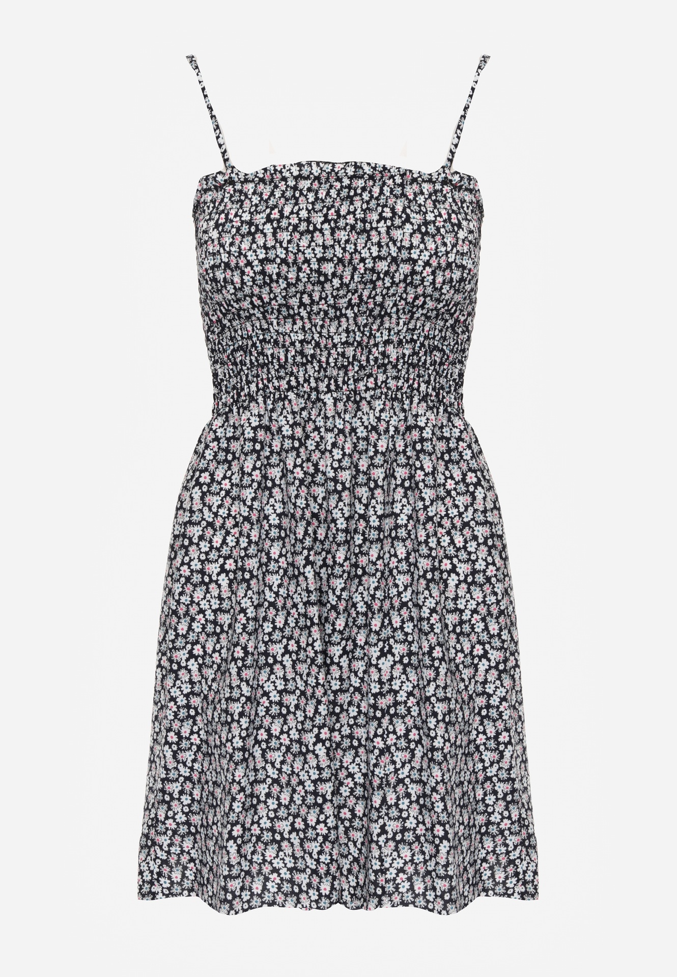 Czarno-Biała Sukienka z Bawełny na Ramiączkach z Rozkloszowaniem i Marszczoną Górą Risetto