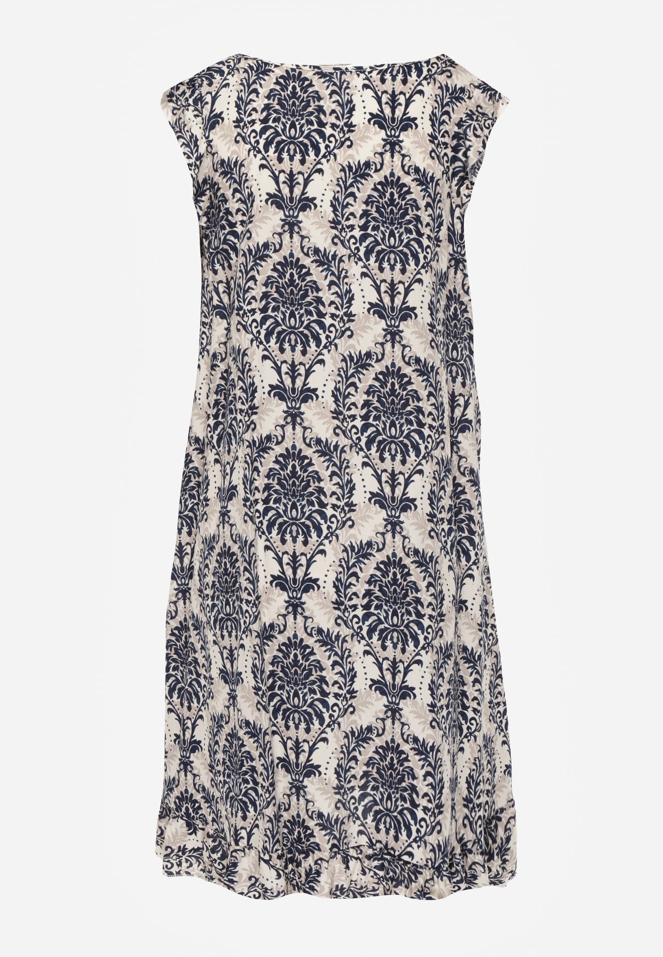 Granatowo-Beżowa Boho Sukienka z Bawełny na Ramiączkach Ozdobiona Falbanką Testalaya